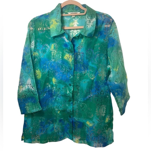 Y2K burnout sheer button down colorful 3/4 sleeve medium - Picture 1 of 7